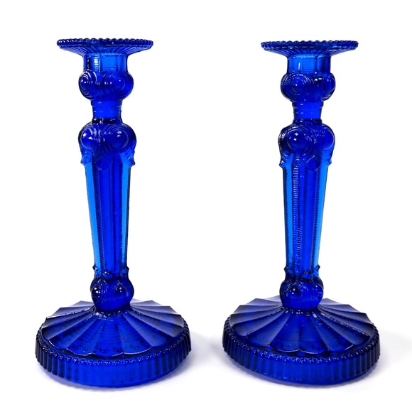 Vintage Detailed Blue Glass Candle Holders